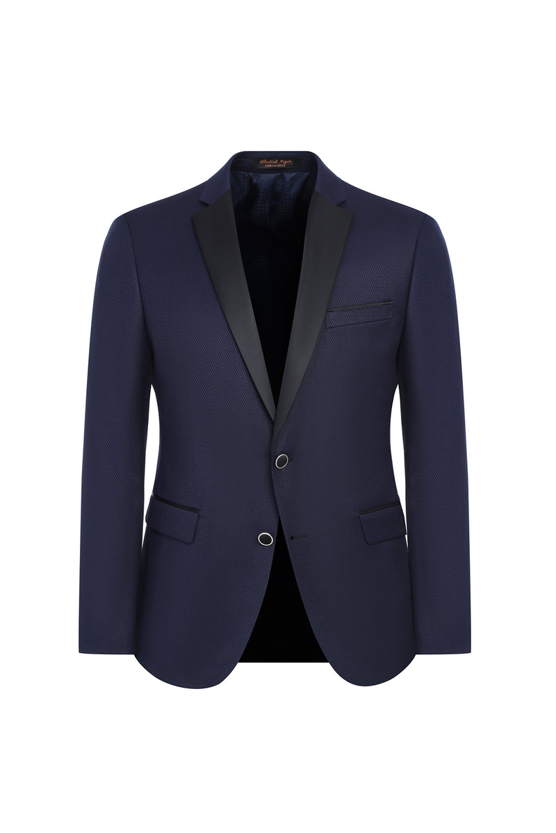 Koyu Lacivert Slim Fit Dar Kesim Mono Yaka Yünlü Smokin / Damatlık