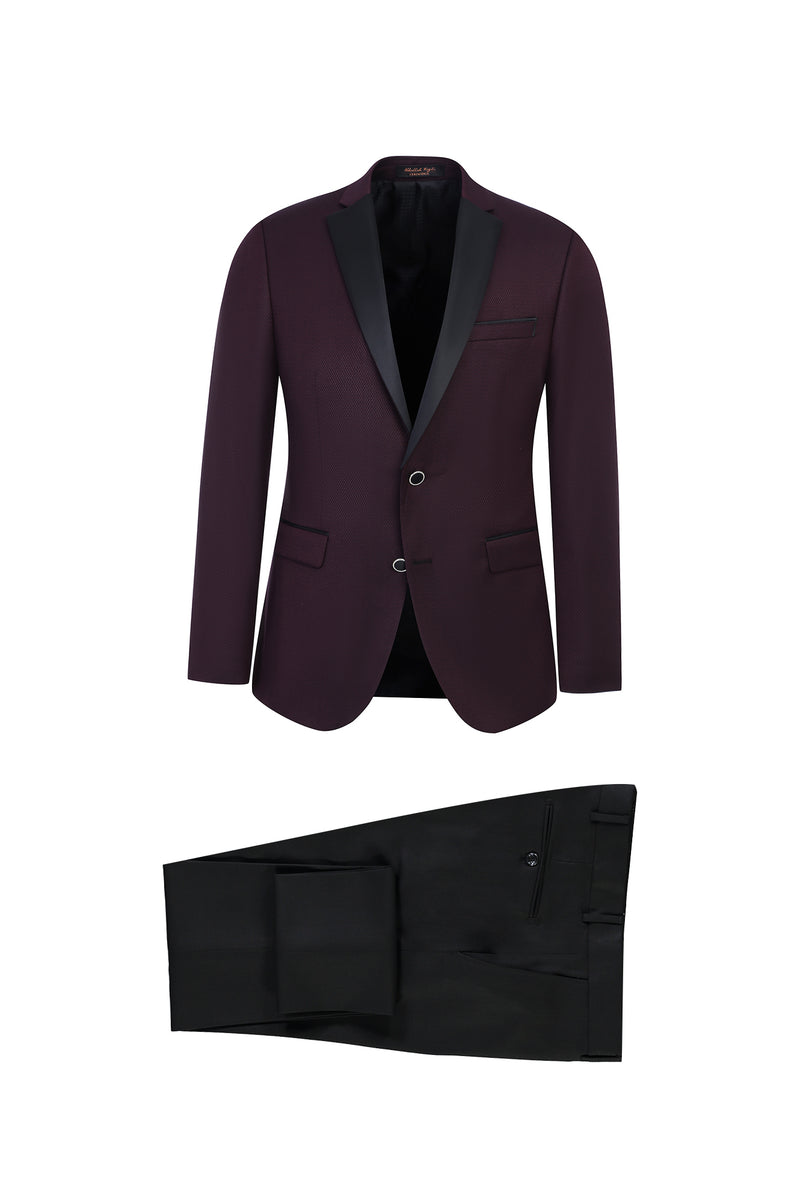 Koyu Bordo Slim Fit Dar Kesim Mono Yaka Yünlü Smokin / Damatlık