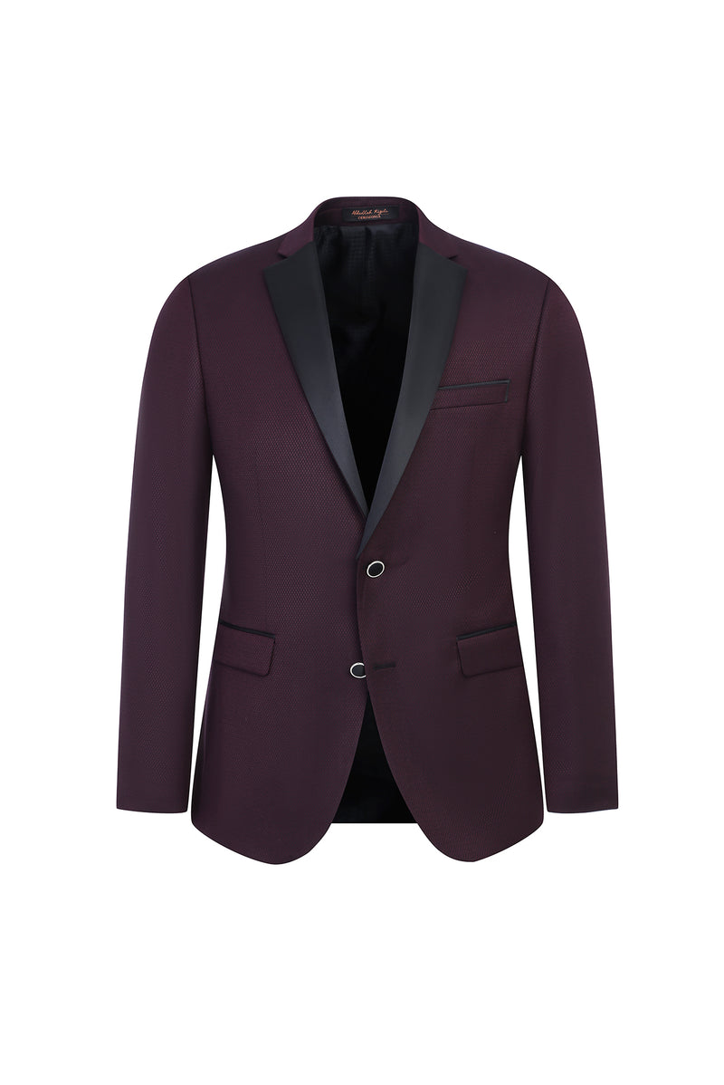 Koyu Bordo Slim Fit Dar Kesim Mono Yaka Yünlü Smokin / Damatlık