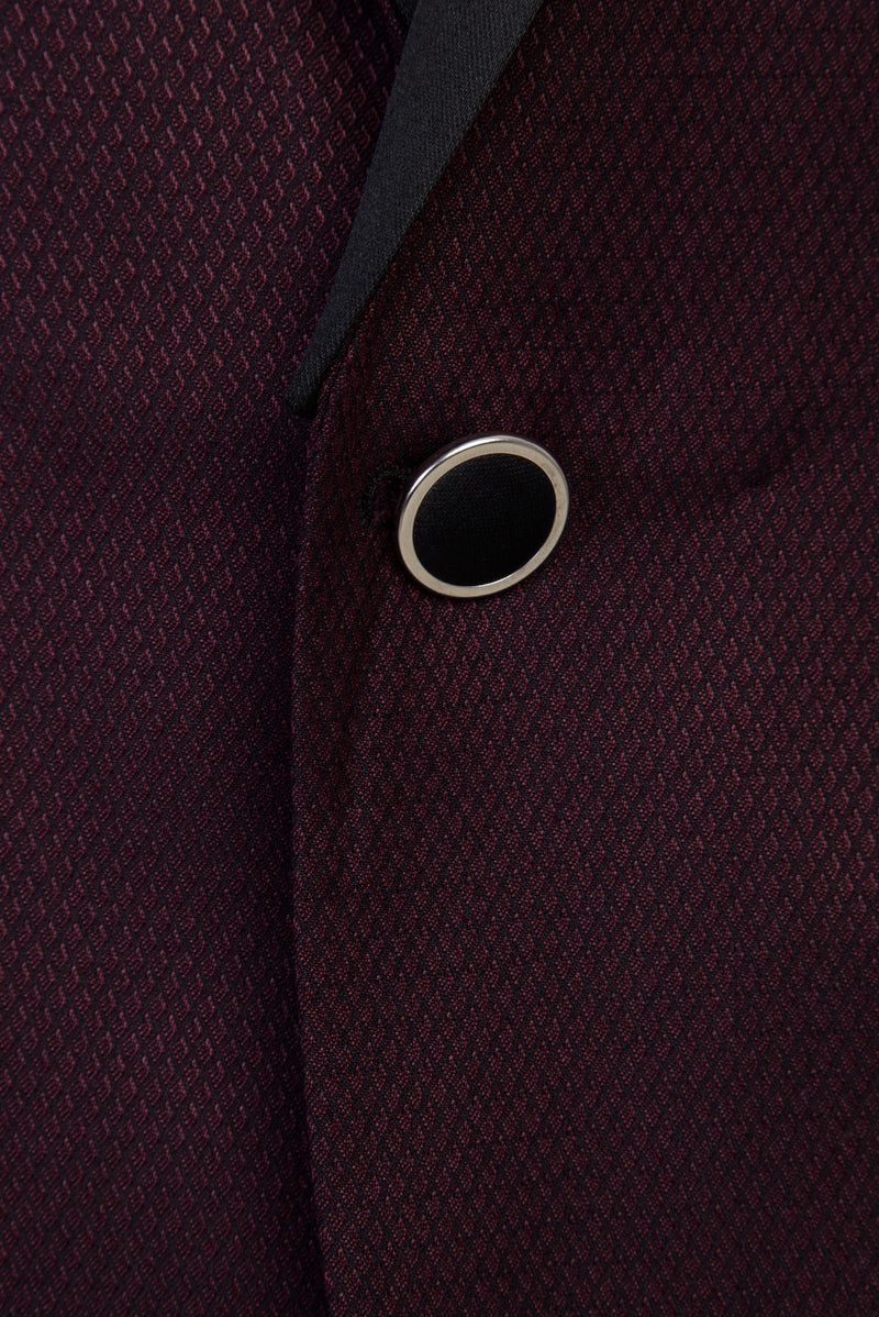 Koyu Bordo Slim Fit Dar Kesim Mono Yaka Yünlü Smokin / Damatlık