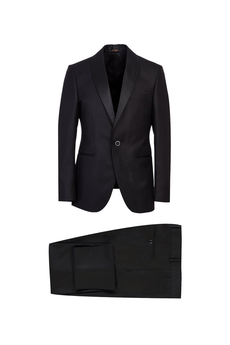 Siyah Slim Fit Dar Kesim Şal Yaka Desenli Smokin & Damatlık