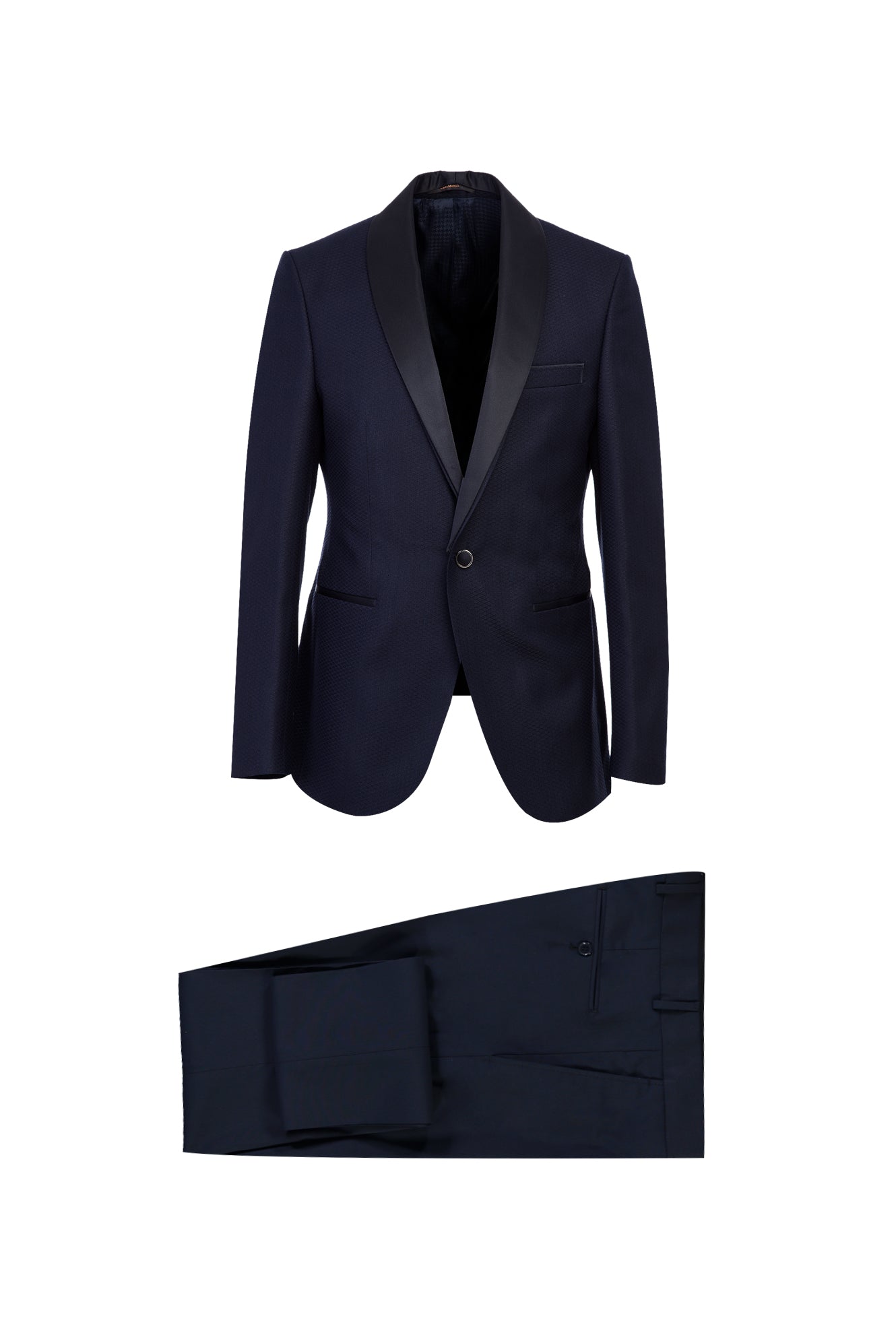 Koyu Lacivert Slim Fit Dar Kesim Şal Yaka Desenli Smokin & Damatlık