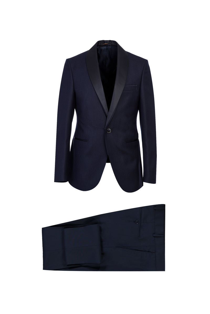 Koyu Lacivert Slim Fit Dar Kesim Şal Yaka Desenli Smokin & Damatlık