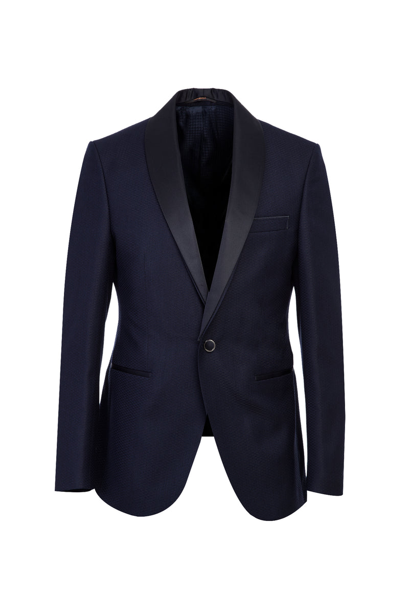 Koyu Lacivert Slim Fit Dar Kesim Şal Yaka Desenli Smokin & Damatlık