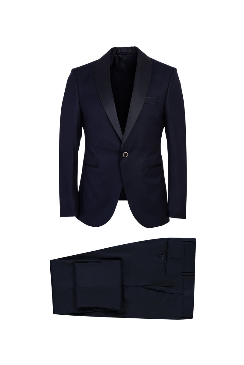 Koyu Lacivert Slim Fit Dar Kesim Mono Yaka Smokin & Damatlık