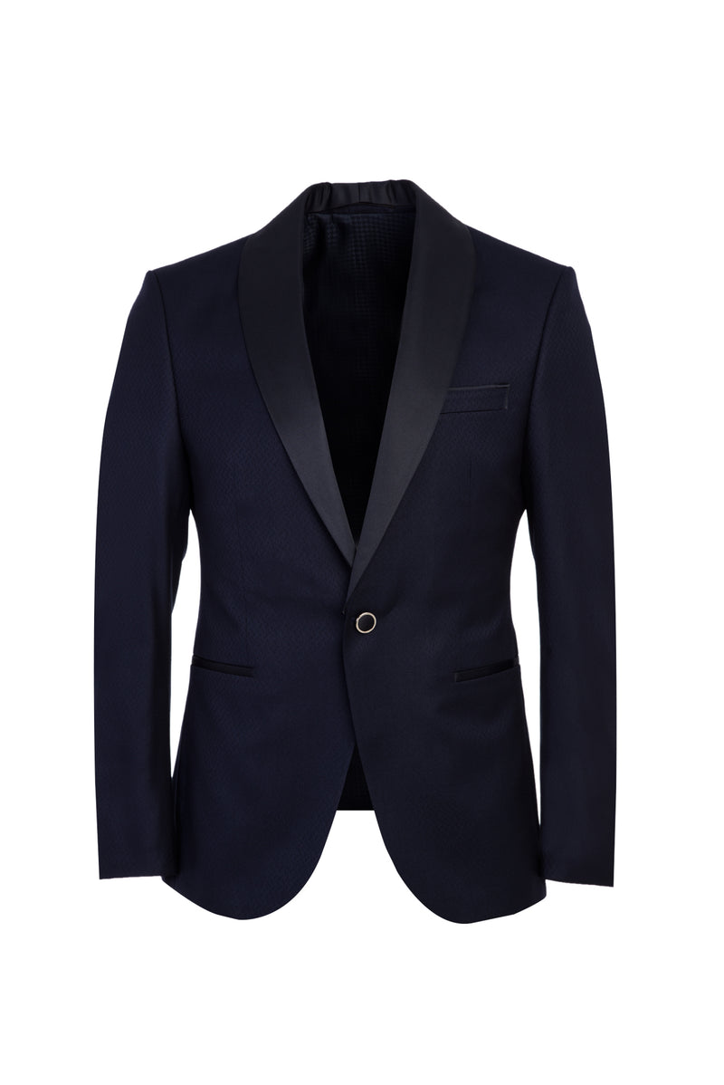 Koyu Lacivert Slim Fit Dar Kesim Mono Yaka Smokin & Damatlık