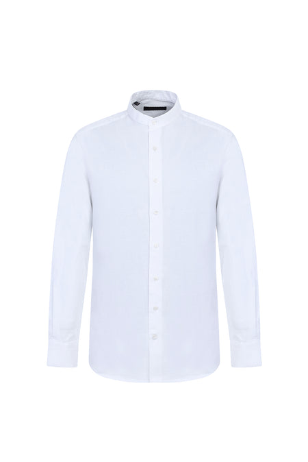 Beyaz Uzun Kol Regular Fit Hakim Yaka Keten Gömlek