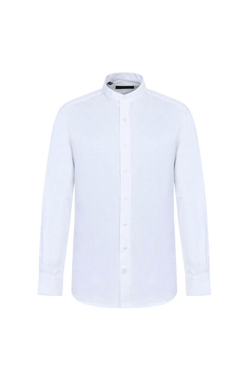 Beyaz Uzun Kol Regular Fit Hakim Yaka Keten Gömlek
