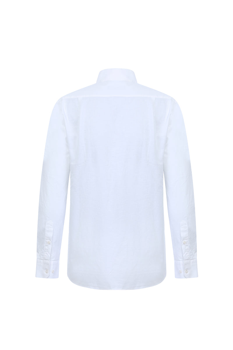 Beyaz Uzun Kol Regular Fit Hakim Yaka Keten Gömlek