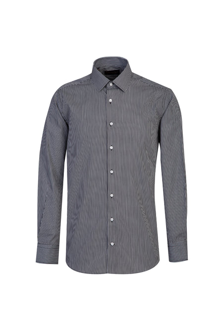 Siyah Uzun Kol Regular Fit Çizgili Pamuk Gömlek