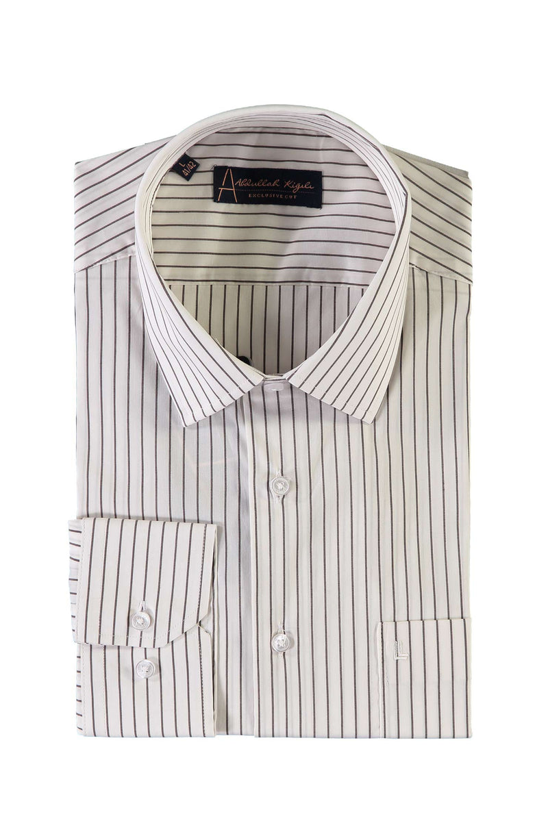 Beyaz Uzun Kol Regular Fit Çizgili Pamuk Gömlek
