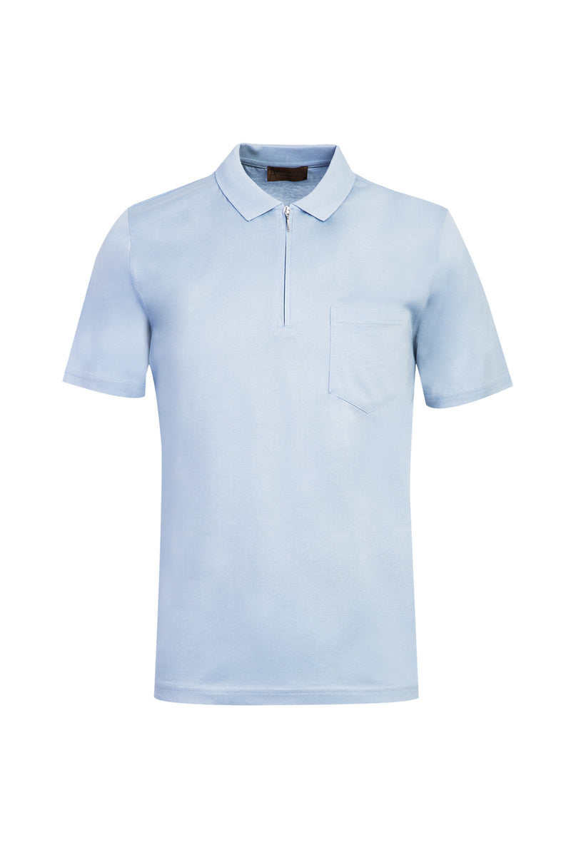 Açık Mavi Polo Yaka Fermuarlı Regular Fit Pamuk T-shirt