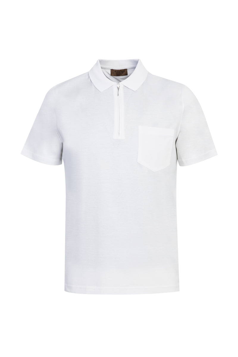Beyaz Polo Yaka Fermuarlı Regular Fit Pamuk T-shirt