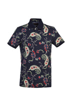 Orta Lacivert Polo Yaka Bask?l? Slim Fit Dar Kesim Pamuk T-shirt-Abdullah Ki??l?