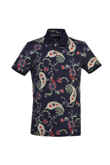 Orta Lacivert Polo Yaka Bask?l? Slim Fit Dar Kesim Pamuk T-shirt-Abdullah Ki??l?