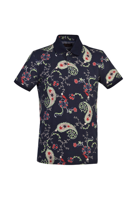 Orta Lacivert Polo Yaka Bask?l? Slim Fit Dar Kesim Pamuk T-shirt-Abdullah Ki??l?