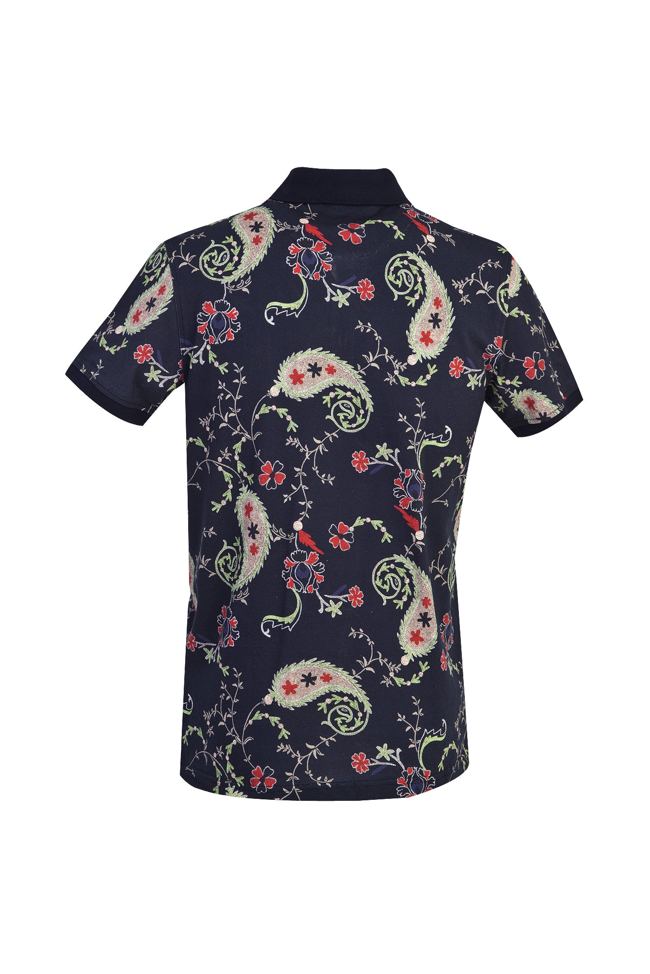 Orta Lacivert Polo Yaka Bask?l? Slim Fit Dar Kesim Pamuk T-shirt-Abdullah Ki??l?