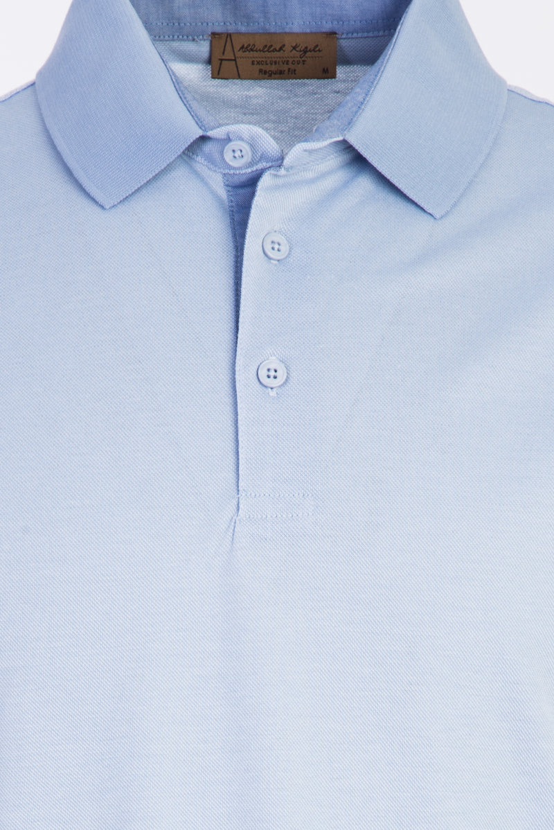 Açık Mavi Polo Yaka Regular Fit Desenli Pamuk T-shirt