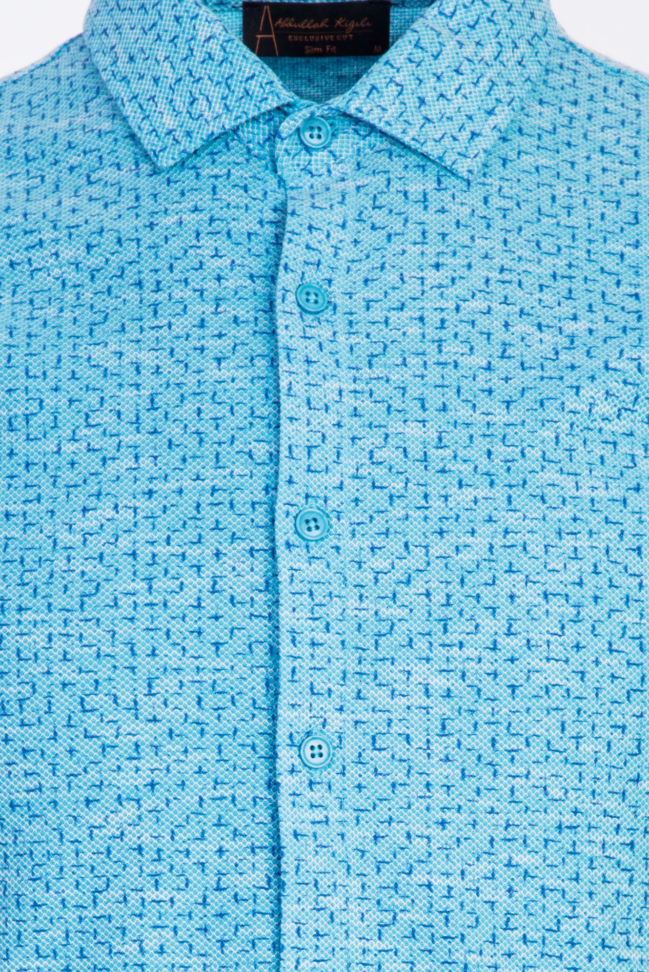 Orta Turkuaz Polo Yaka Slim Fit Dar Kesim Düğmeli Desenli Pamuk T-shirt