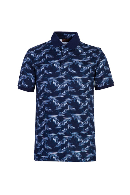 Orta Lacivert Polo Yaka Desenli Slim Fit Dar Kesim Pamuk T-shirt-Abdullah Ki??l?