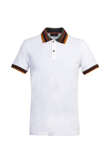 Beyaz Polo Yaka Desenli Slim Fit Dar Kesim T-shirt