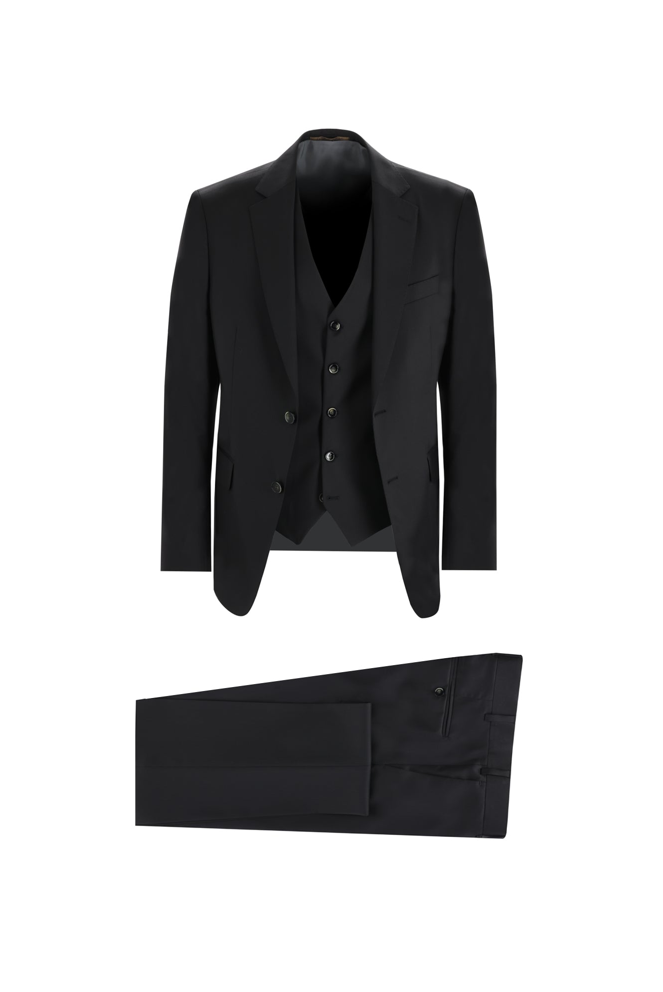 Siyah Slim Fit Dar Kesim Yelekli Yün Takım Elbise