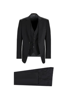 Siyah Slim Fit Dar Kesim Yelekli Yün Takım Elbise