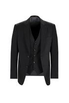 Siyah Slim Fit Dar Kesim Yelekli Yün Takım Elbise