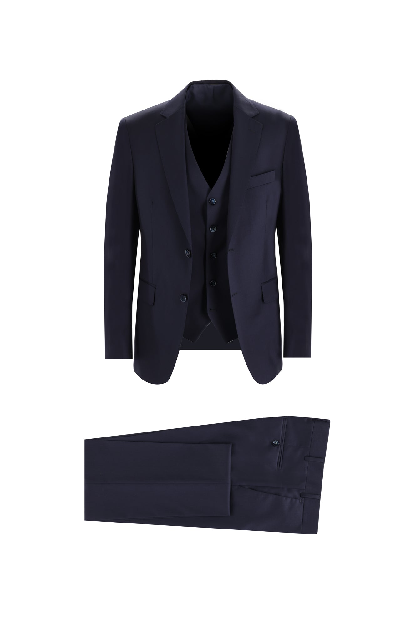 Koyu Lacivert Slim Fit Dar Kesim Yelekli Yün Takım Elbise