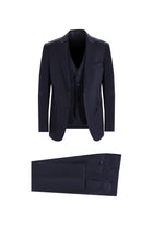Koyu Lacivert Slim Fit Dar Kesim Yelekli Yün Takım Elbise