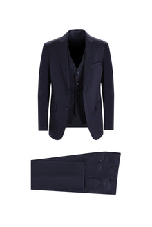 Koyu Lacivert Slim Fit Dar Kesim Yelekli Yün Takım Elbise