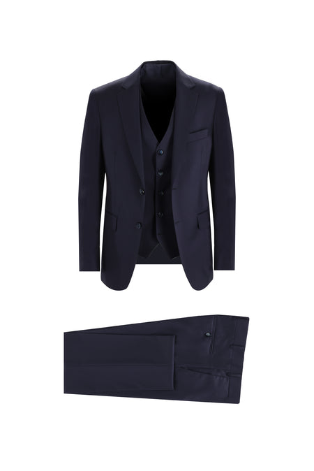 Koyu Lacivert Slim Fit Dar Kesim Yelekli Yün Takım Elbise