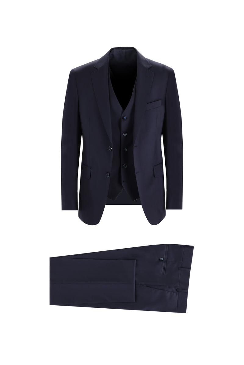 Koyu Lacivert Regular Fit Yelekli Yün Takım Elbise