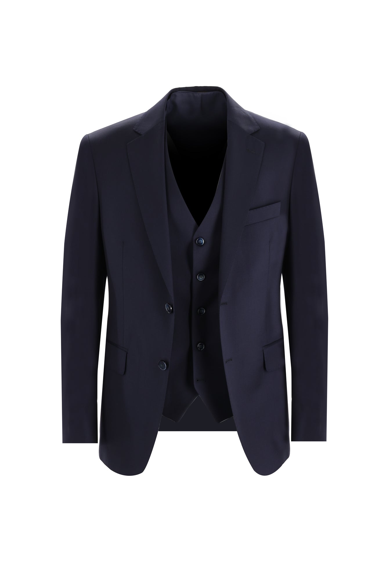 Koyu Lacivert Slim Fit Dar Kesim Yelekli Yün Takım Elbise