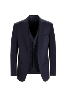 Koyu Lacivert Slim Fit Dar Kesim Yelekli Yün Takım Elbise