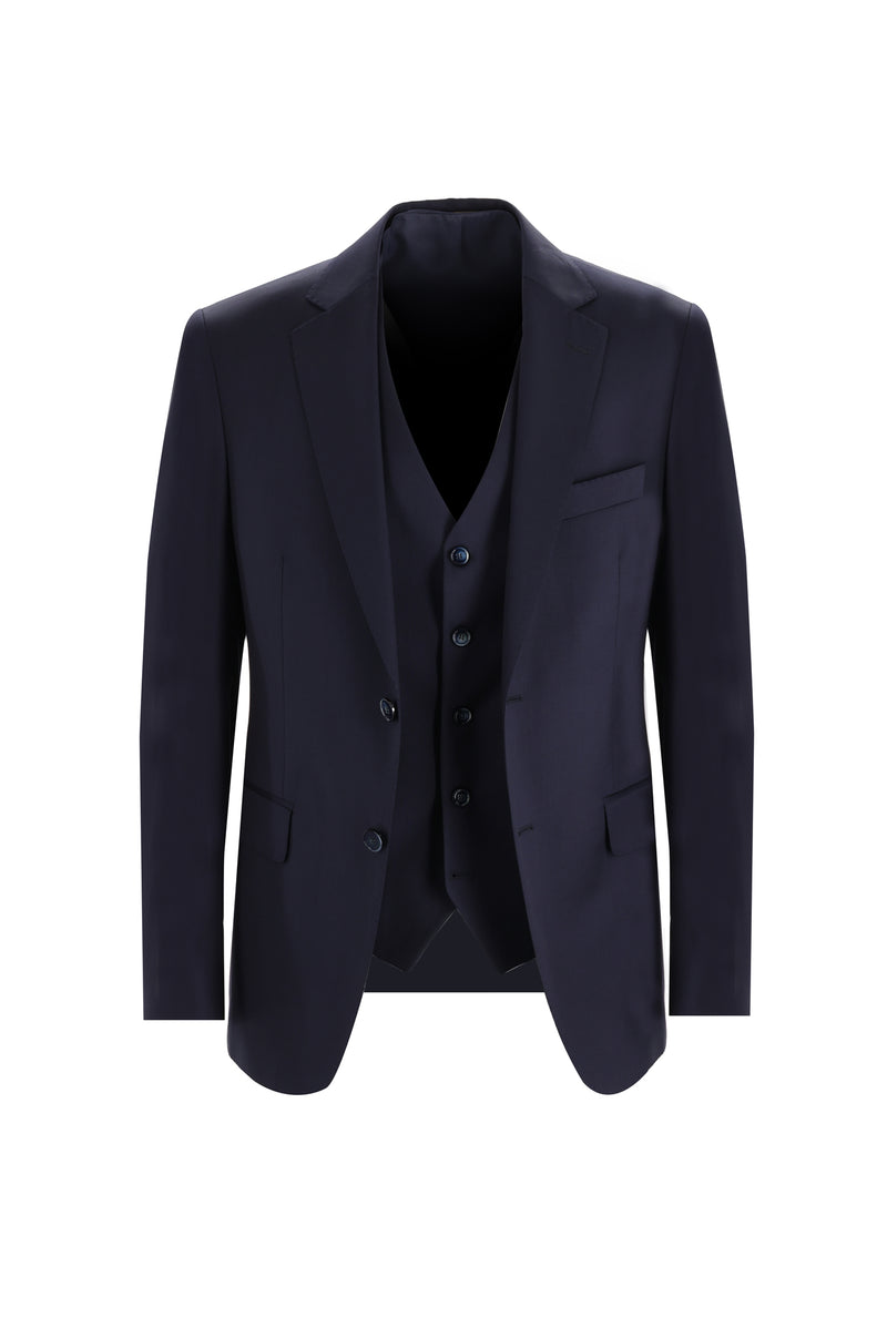 Koyu Lacivert Regular Fit Yelekli Yün Takım Elbise