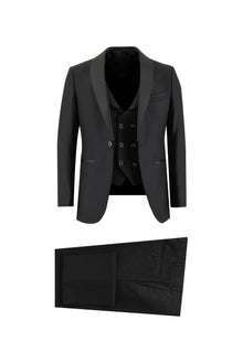 Siyah Slim Fit Dar Kesim Şal Yaka Yelekli Smokin & Damatlık
