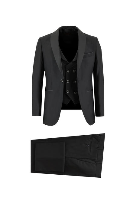 Siyah Slim Fit Dar Kesim Şal Yaka Yelekli Smokin & Damatlık