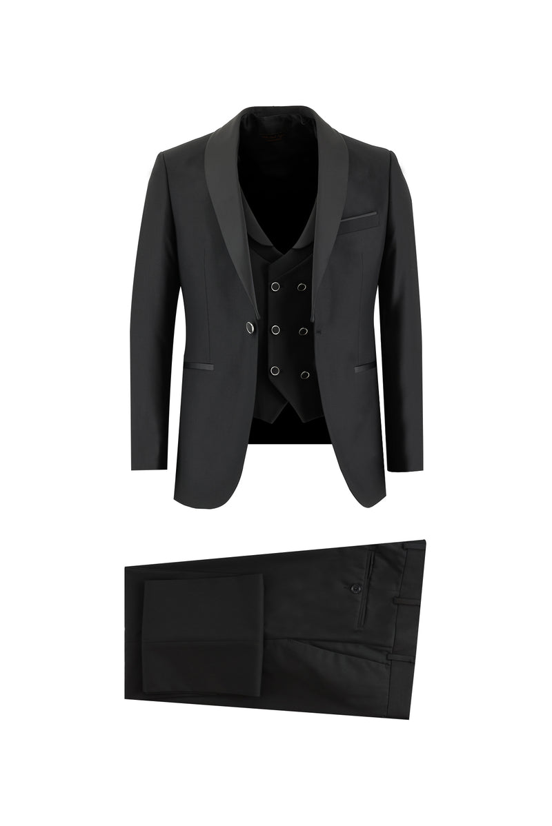 Siyah Slim Fit Dar Kesim Şal Yaka Yelekli Smokin & Damatlık