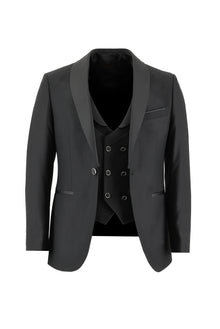 Siyah Slim Fit Dar Kesim Şal Yaka Yelekli Smokin & Damatlık