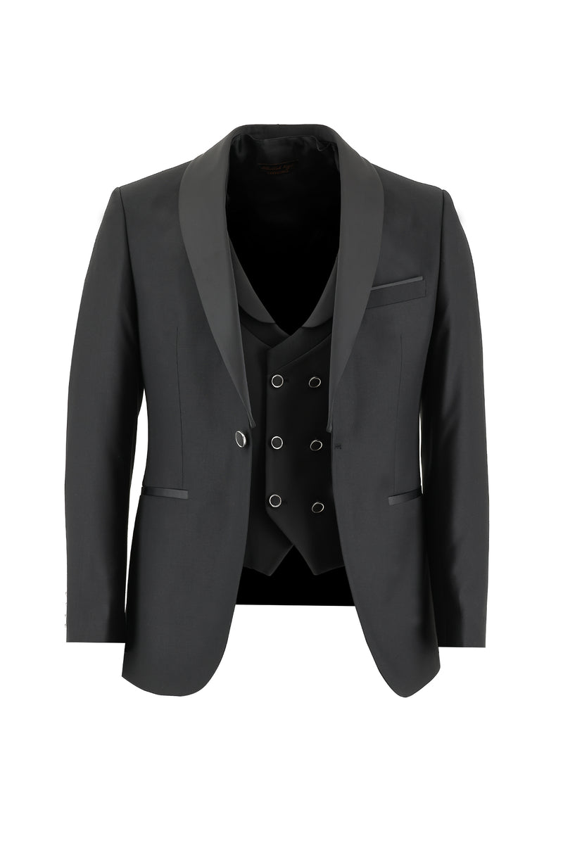 Siyah Slim Fit Dar Kesim Şal Yaka Yelekli Smokin & Damatlık
