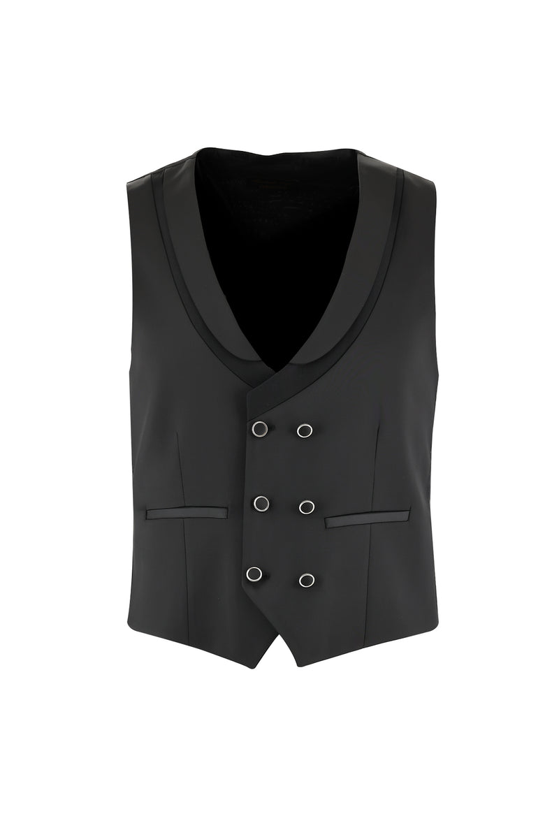 Siyah Slim Fit Dar Kesim Şal Yaka Yelekli Smokin & Damatlık