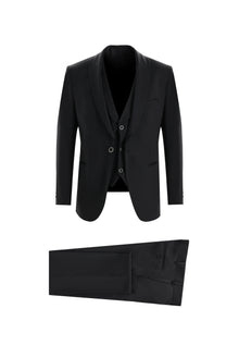 Siyah Slim Fit Dar Kesim Şal Yaka Yelekli Smokin & Damatlık