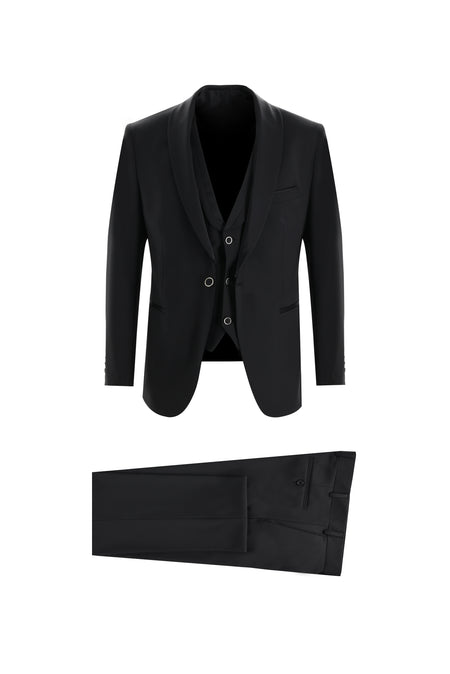 Siyah Slim Fit Dar Kesim Şal Yaka Yelekli Smokin & Damatlık