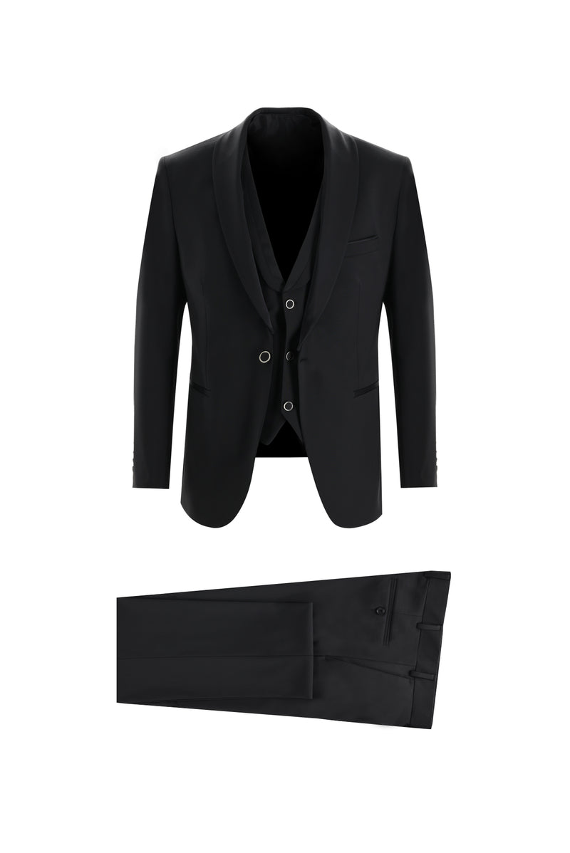 Siyah Slim Fit Dar Kesim Şal Yaka Yelekli Yünlü Smokin & Damatlık