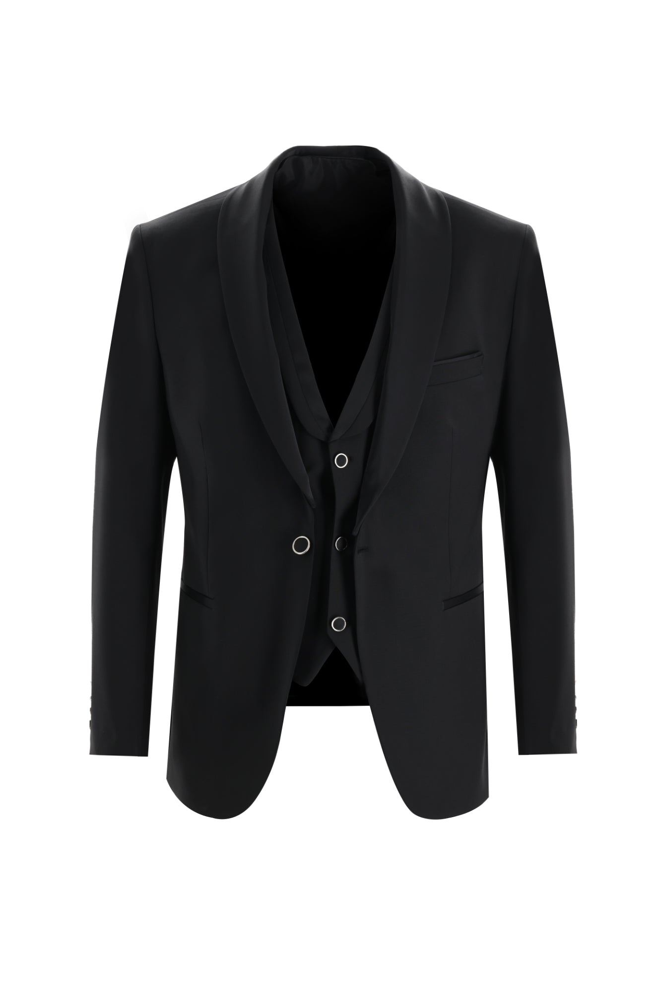 Siyah Slim Fit Dar Kesim Şal Yaka Yelekli Smokin & Damatlık