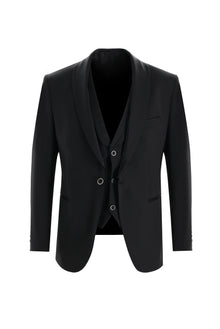 Siyah Slim Fit Dar Kesim Şal Yaka Yelekli Smokin & Damatlık