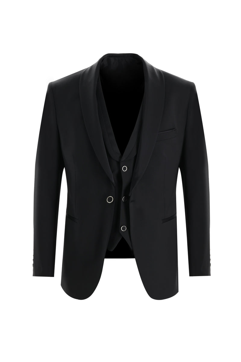 Siyah Slim Fit Dar Kesim Şal Yaka Yelekli Yünlü Smokin & Damatlık