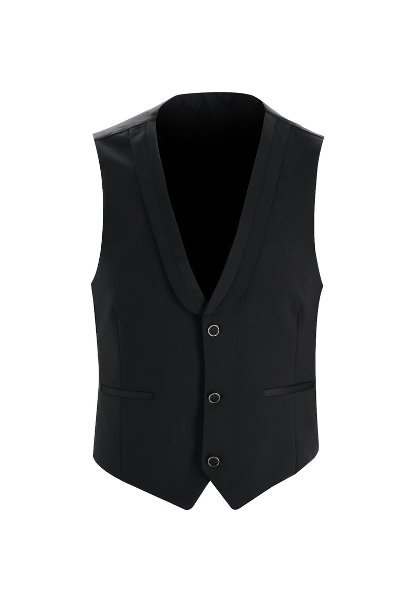 Siyah Slim Fit Dar Kesim Şal Yaka Yelekli Yünlü Smokin & Damatlık