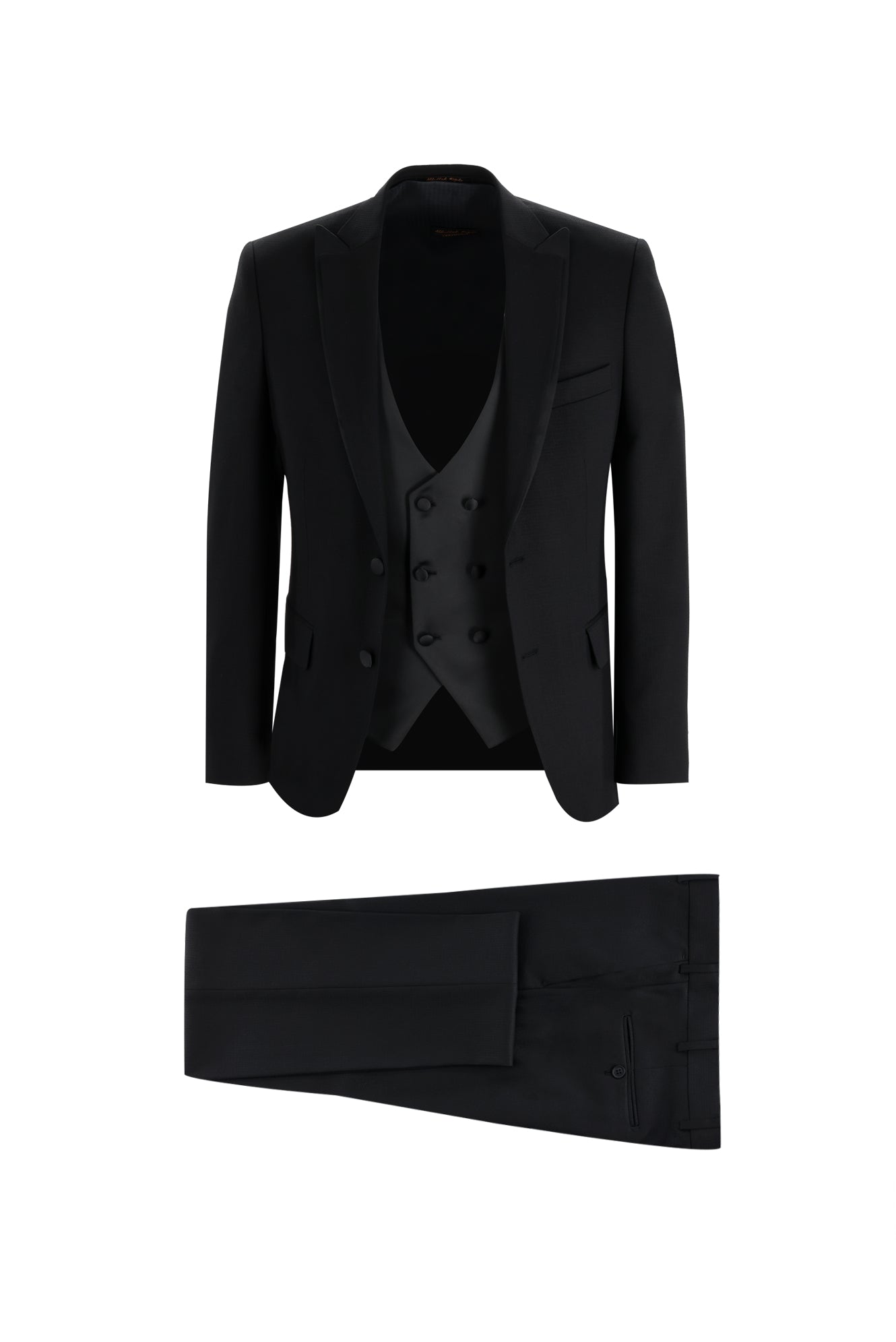 Siyah Slim Fit Dar Kesim Sivri Yaka Yelekli Smokin & Damatlık